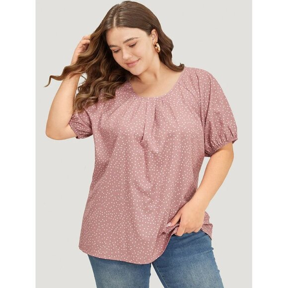 NWT BloomChic Pink Polka Dot Pleated Round Neck Puff Sleeve Blouse Size 12/L - Picture 3 of 4